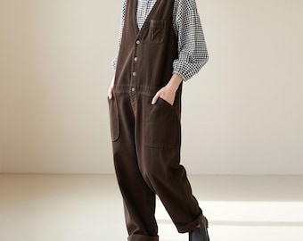 Brown Corduroy Loose Fit Overalls | Vintage Sleeveless Wide Leg Jumpsuit | Relaxed Everyday Workwear