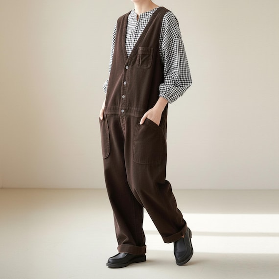Brown Corduroy Loose Fit Overalls | Vintage Sleeveless Wide Leg  display picture 1
