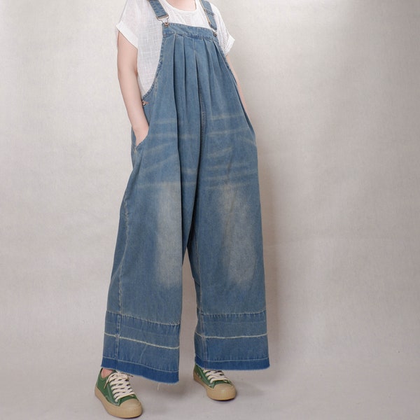 Women Casual Blue Denim Overalls Cotton Jumpsuits Bib Spring Clothing Loose Fit Wide Leg Pants With Adjustable Suspenders