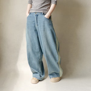 Wide Leg Denim Trousers: Elastic Waist Distressed Jeans