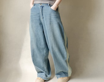 Wide Leg Denim Trousers: Elastic Waist Distressed Jeans