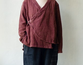 Linen Kimono Cardigan: Vintage Tie-Up Slanted Top
