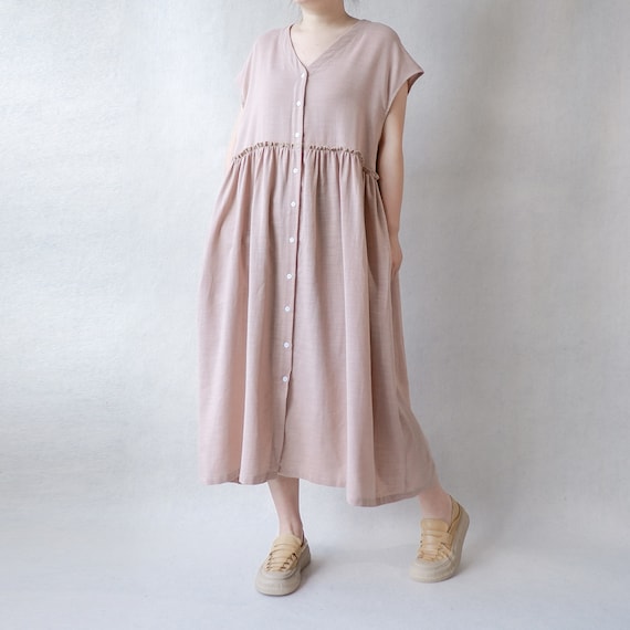 Cotton Linen Button Shirt Dress: Pleated Asymmetrical Tunic