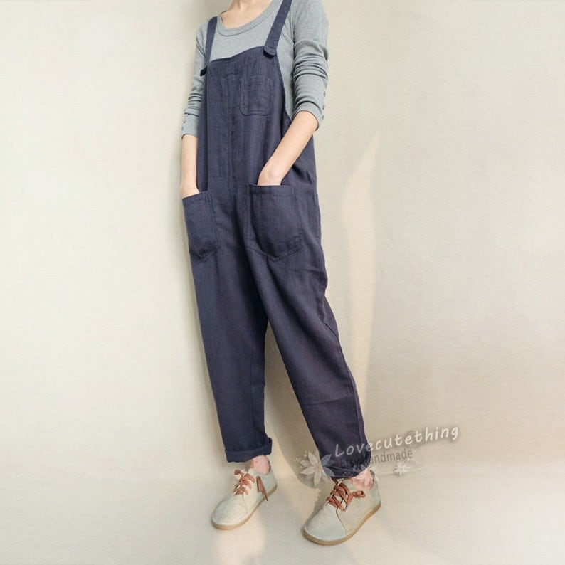 Breathable Linen Overalls Sturdy Pants With Pockets, Unisex Dungaress Gifts For Her, Customizable Lightweight Jumpsuits Gifts For Sister image 2