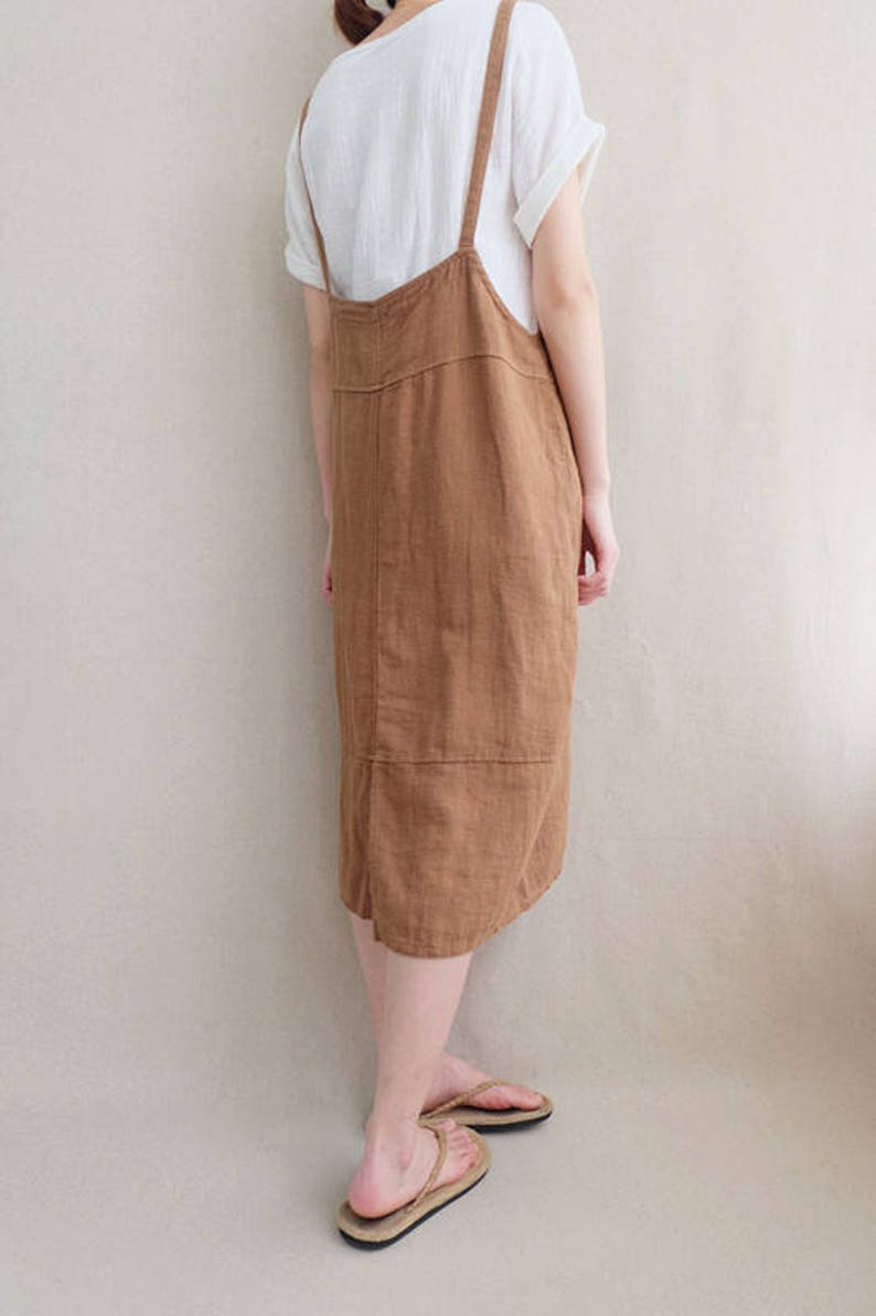 Women Comfortable Apron Tunic Strap Dress Cotton Casual Linen Dress Vest Dress Leisure Pinafore Dress image 8