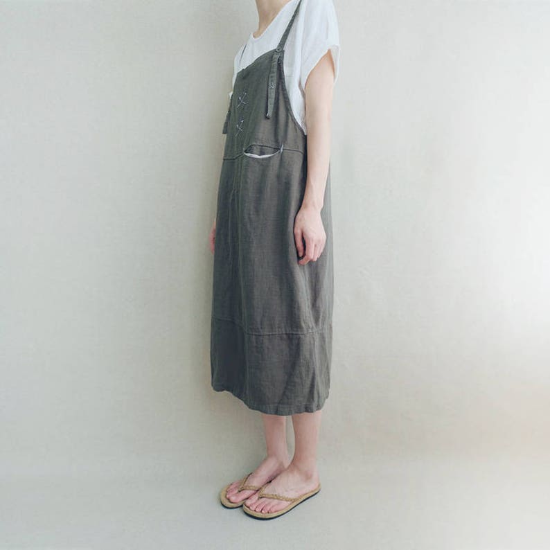 Women Comfortable Apron Tunic Strap Dress Cotton Casual Linen Dress Vest Dress Leisure Pinafore Dress image 3