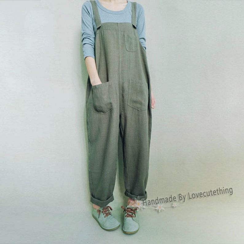 Breathable Linen Overalls Sturdy Pants With Pockets, Unisex Dungaress Gifts For Her, Customizable Lightweight Jumpsuits Gifts For Sister image 3