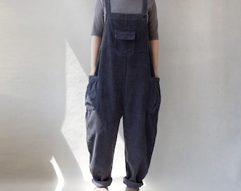 Loose Corduroy Overalls: Women's Dark Grey Cotton Jumpsuit