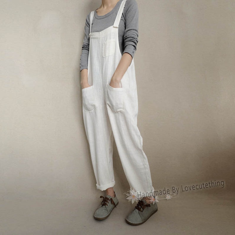 Women Cream White Dungarees Linen Overalls Spring Wear With Pockets, Customized Lightweight Jumpsuits Handmade Clothing By Lovecutething image 3