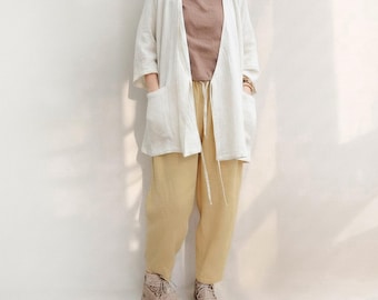 Hemp Cotton Kimono Cardigan, Loose Zen Layering Jacket, Japanese Open Front Coat