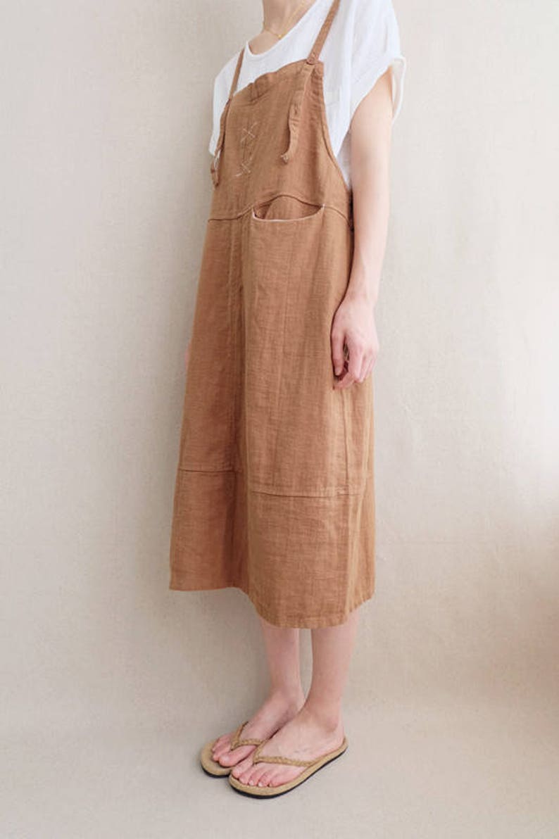 Women Comfortable Apron Tunic Strap Dress Cotton Casual Linen Dress Vest Dress Leisure Pinafore Dress image 7