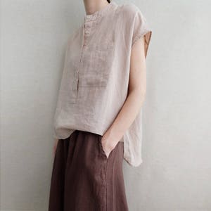 Linen Asymmetrical Blouse: Loose Cotton Summer Top with Pockets