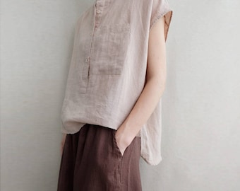 Leisure Linen Blouse Women, Breathable and Soft Summer Clothing Loose T-shirt Asymmetrical Tops Cotton Shirt With Pockets