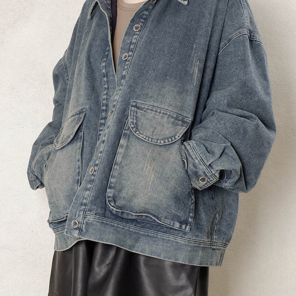 Veste en jean effet vieilli boutonné manteau femme, manteau ample taille petite à moyenne bleu délavé veste courte ajustée en jean printemps
