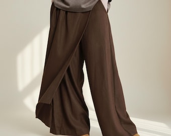 Asymmetrical Wool Blend Wide Leg Pants, High Waist Pleated Trousers, Casual Draped Woolen Pants