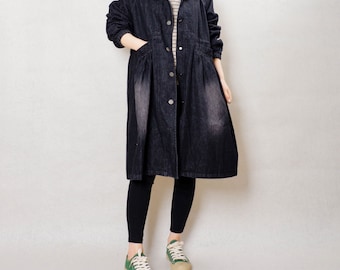 Vintage Black Denim Knee Coat: Cotton Windbreaker Jacket With Pockets