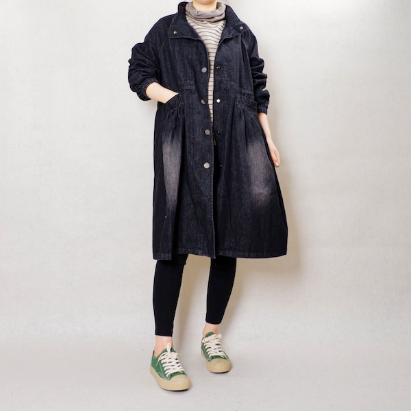 Black Denim Jackets Regular Size Cotton Vintage Coat Women, Casual Windbreaker Knee Coat Comfortable Autumn Jackets With Pockets