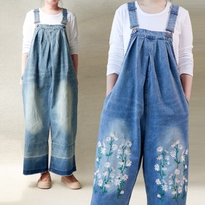Retro Denim Overalls, Casual Denim Jumpsuits Bib Loose Fitting Overalls With Variety Embroidery, Wide Leg Overalls Soft Everyday Dungarees