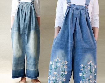 Retro-Denim-Overall, Lässige Denim-Jumpsuits Latz Locker Sitzende Overalls Mit Verschiedene Stickerei, Overalls Mit Weiten Beinen Weiche Alltag Latzhose