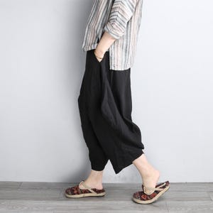 Women Black Pants Soft Casual Linen Cropped Pants Cotton Harem Pants With Pockets image 2