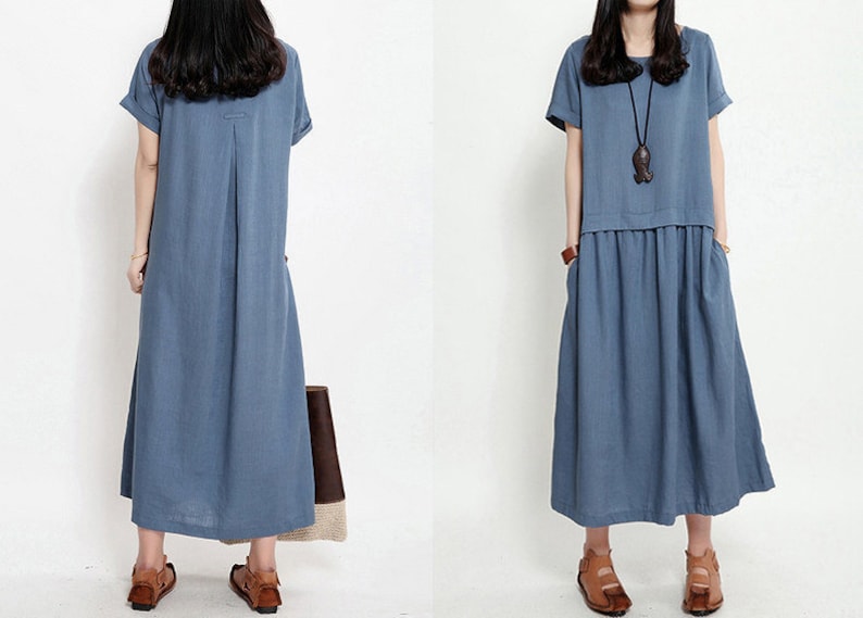 Linen Maxi Dress: Short Sleeve Loose Fitting Summer Dress, Casual Comfortable Wear image 3
