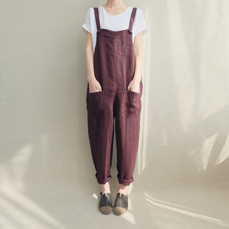 Women Casual Linen Jumpsuits Overalls Pants With Pockets Etsy