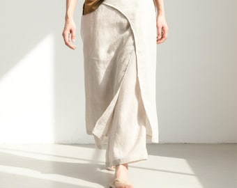 Linen Wrap Pants Women, Asymmetrical Layered Wide Leg Trousers, Minimalist Summer Breeze