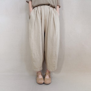 Soft Plain Pants Linen Capri Pants Elastic Waist Cotton Zen Pants Gifts For Her, Linen Harem Pants Summer Pants Wide Leg Pants With Pockets image 1