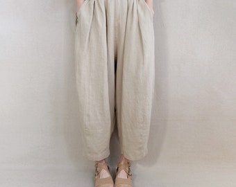 Soft Plain Pants Linen Capri Pants Elastic Waist Cotton Zen Pants Gifts For Her, Linen Harem Pants Summer Pants Wide Leg Pants With Pockets