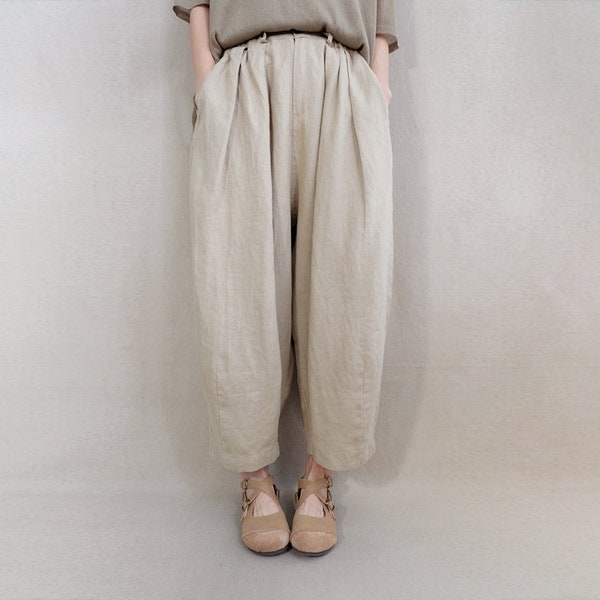 Soft Plain Pants Linen Capri Pants Elastic Waist Cotton Zen Pants Gifts For Her, Linen Harem Pants Summer Pants Wide Leg Pants With Pockets
