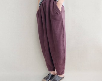 Leisure Linen Pants Women, Loose Harem Pants Wide Leg Cropped Pants Gifts For Sister, Comfortable Pants Slouchy Pants Spring Clothing