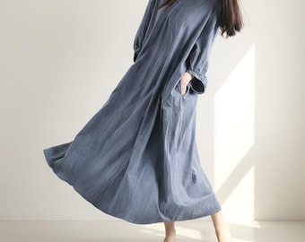 Women's Linen V-Neck Midi Dress, Loose Fit 3/4 Sleeve Tunic, Zen Style Robe