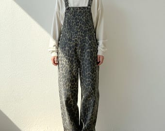 Leopard Print Overalls Women: Vintage Loose Wide Leg Jumpsuit, Spring Dungarees, Casual Straight Leg