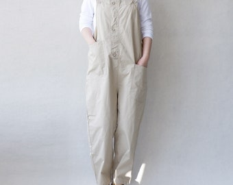 Beige Baumwoll Jumpsuit : Damen Weites Bein Overall mit Taschen, Lässig Loose Fit Romper