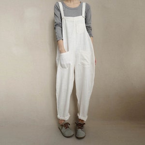 Women Cream White Dungarees Linen Overalls Spring Wear With Pockets, Customized Lightweight Jumpsuits Handmade Clothing By Lovecutething
