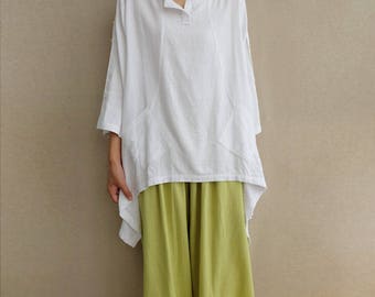 White Linen Tops Long Sleeve Blouse Women, Asymmetrical Shirt Larger Size Tops Linen Tunic With Front Pockets