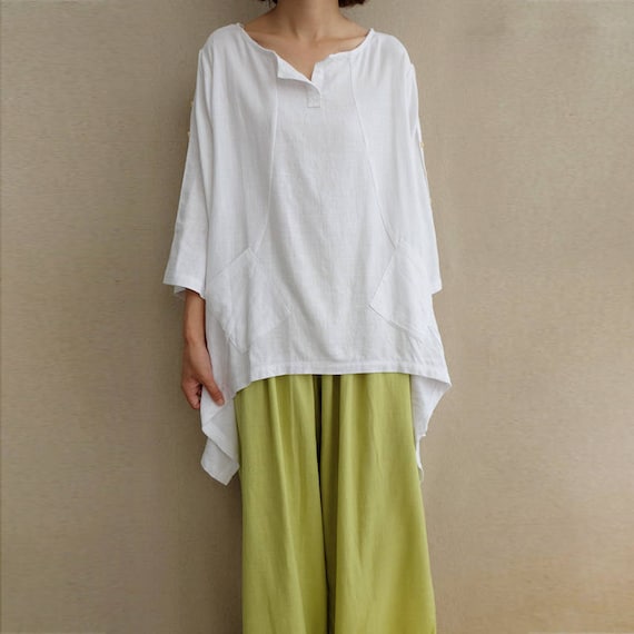 linen top long sleeve top Linen crop top white linen blouse white linen top pocket top with long sleeves loose top C859 summer top