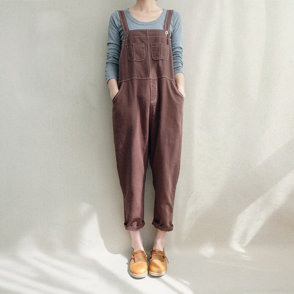 Sturdy Dungarees Cotton Jumpsuits Linen Overalls For Women, Spring Clothing Linen Jumpsuits Wide Leg Pants Loose Overalls With Pockets