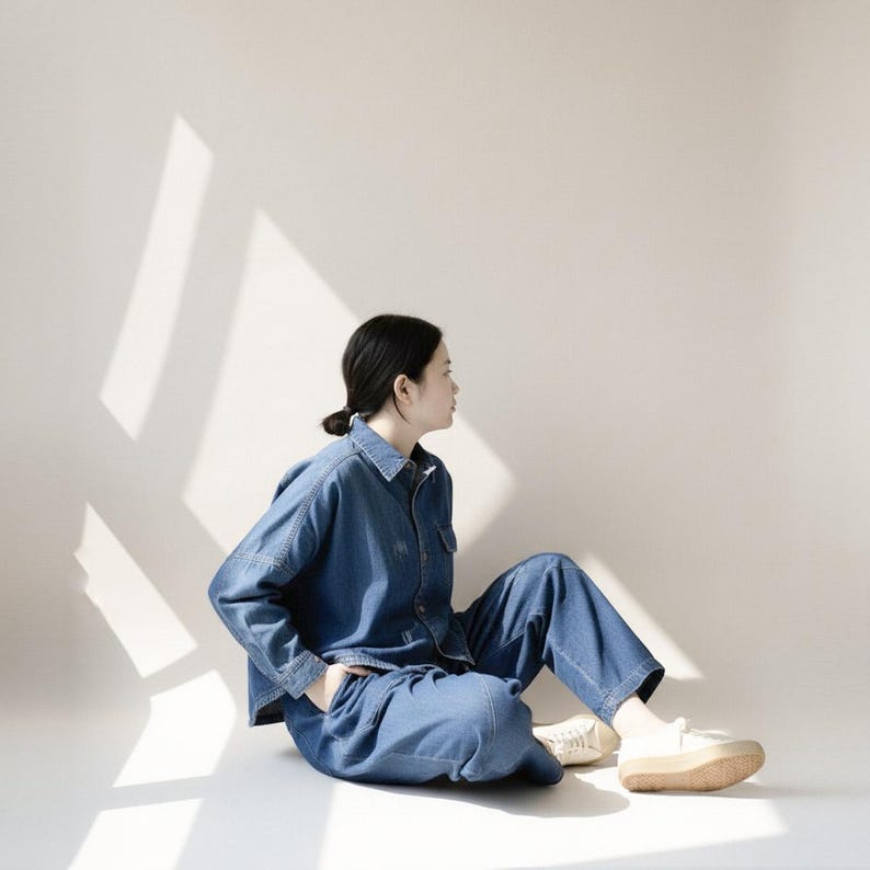 May include: A denim jacket and matching pants set in a medium blue wash. The jacket has a button-down front and the pants are wide-legged. The person is wearing white sneakers with a tan sole. The outfit is casual and comfortable.