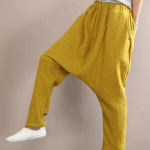 Women Comfortable Pants Regular Linen Trousers, Elastic Waist Cotton Zen Pants, Harem Pants Wide Leg Pants, Yellow Trousers Yoga Pants image 3