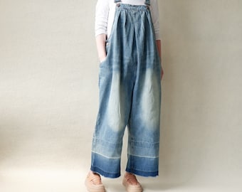 Wide Leg Denim Overalls/Spring and Autumn Jumpsuits Women, Retro Cargo Jean Multi Pockets Bib Twill Jumpsuit With Adjustable Suspenders