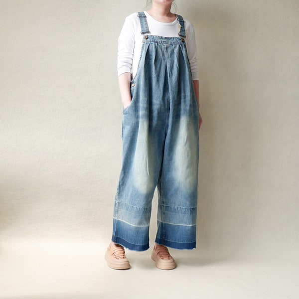 Salopette large en jean/combinaisons printemps et automne femme, combinaison en jean cargo rétro en sergé avec plusieurs poches et bretelles réglables