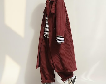 Japanese Style Corduroy Long Coat Women, Oversized Winter Trench Coat, Loose Fit Casual Outerwear, Vintage Style Spring Coat