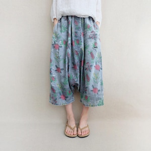 Printed Denim Harem Pants: Cropped Cotton Zen Pants with Elastic Waist