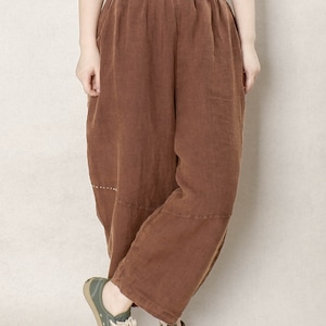 Coffee Linen Padded Pants: Retro Wide Leg Quilted Slacks, Winter Warm Trousers Women