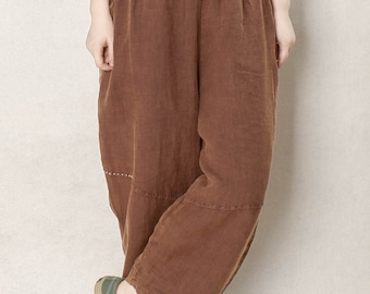 Winterkleidung, Kaffee-Leinenhose, Retro-Hose aus Baumwolle, gepolsterte Hose mit elastischer Taille, Hose mit weitem Bein, gesteppte Hose, warme Slacks-Thermohose aus Baumwolle