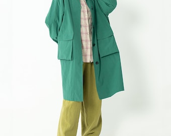Loose Cotton Trench Coat Women, Simple Lightweight Mid-Length Jacket, Casual Oversized Spring Coat Green