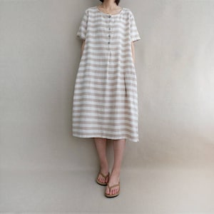 Summer Linen Striped Dress Women, Soft Cotton Casual Tunic Dress With Button, Leisure Boho Dress Beach Wear Handmade Clothing
