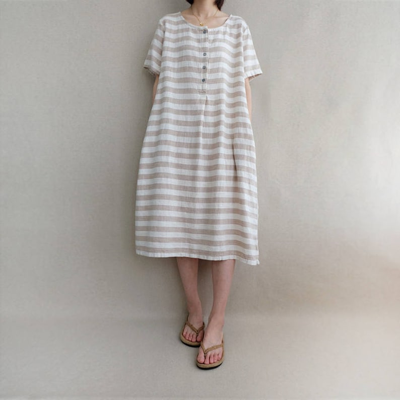 Women Sundress Leisure Dress Summer Linen Striped Dress Cotton Casual Tunic Dress With Button, Boho Dress Beach Wear Handmade Clothing 