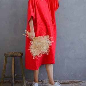 Loose Cotton Gauze Dress Soft Robes, Plus Size Dress, Puffy Sleeve Dress, Summer Dresses, Red Dress With Pockets image 2